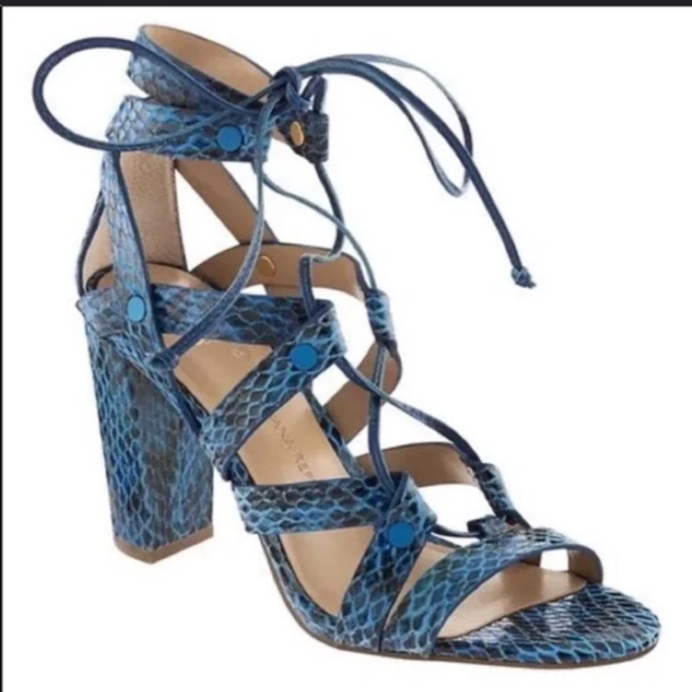 Banana Republic faux blue black snakeskin high heel lace up gladiator sandals 7M